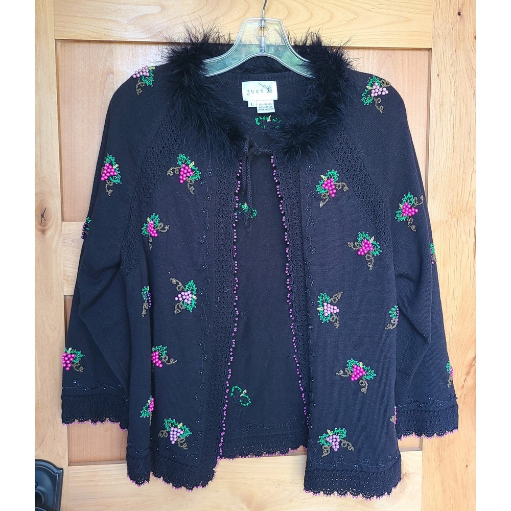 Vintage‎ Just B Sz L Black Beaded Grape Embroidered Feather Cardigan Whimsygoth